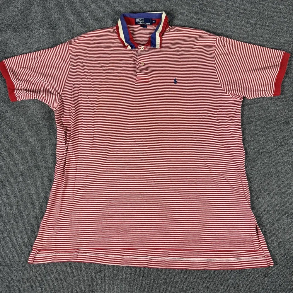 Vintage‎ Polo Ralph Lauren Rugby Shirt Mens Medium Striped Red Blue Short Sleeve